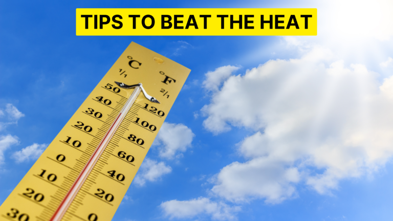 A photo of a sunny day with intense sunlight and high temperature. Text overlay reads 'Tips to Beat the Heat'